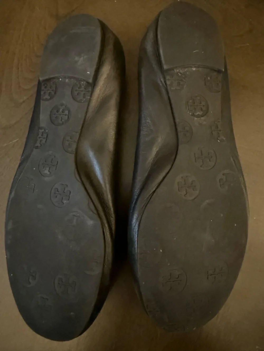 Tory Burch Black Leather Ballet Flats with Gold Logo Medallions